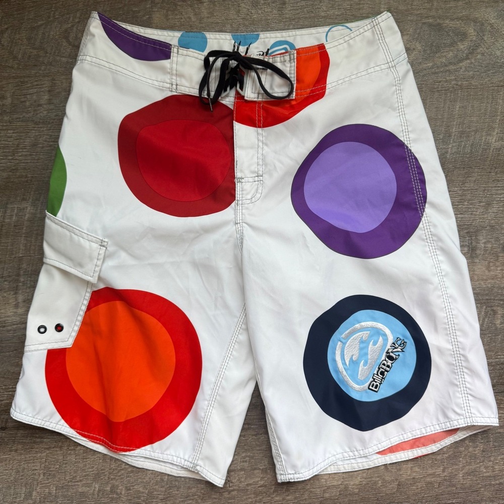 Billabong Vintage Y2K Board Shorts Surf Sz 33 Embroidered White Multi Polka Dot